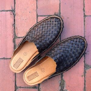 Brown Woven Leather Mules
